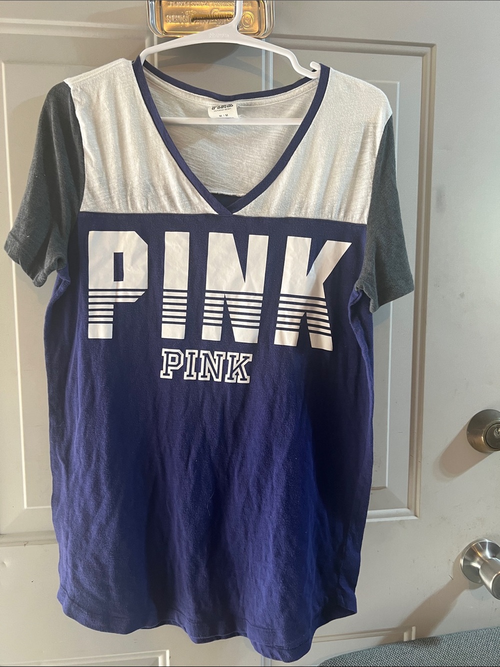 PINK Victoria's Secret Blue, White & Gray V-Neck Graphic Tee